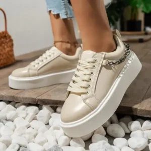 Antolim Women'S Fashion Round Toe Chain Lace Up Low Top Solid PU Thick-Soled Sneakers