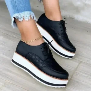 Antolim Women'S Fashion Vintage Lace-Up Solid Color Flat Slip-On PU Sneakers Shoes