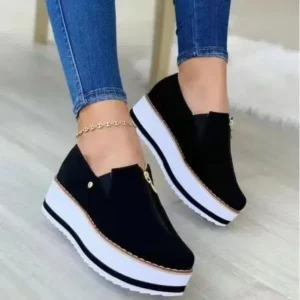 Antolim Women Fashion Retro Style Elastic Band Thick Sole Solid Color Mid-Slip Sneakers