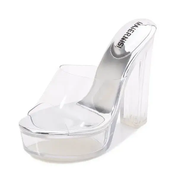 Antolim Women Fashion Plus Size Transparent Crystal Chunky Heel Platform High