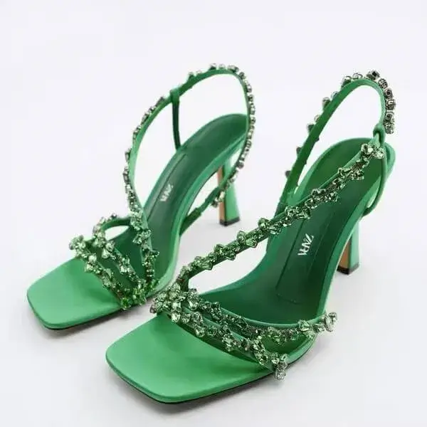 Antolim Women Fashion Plus Size Sexy Rhinestone Strap Square Toe Heeled Sandals