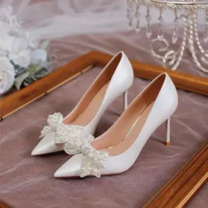 Antolim Women Fashion Sexy Pointed Satin Pearl Pointed Toe Shoes