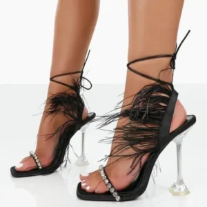 Antolim Women Fashion Sexy Rhinestone Feather Decorative Solid Color High Heel Sandals Shoes