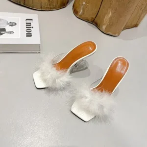 Antolim Women Fashion Sexy Feather Decoration Solid Color Chunky High Heel Slippers Shoes