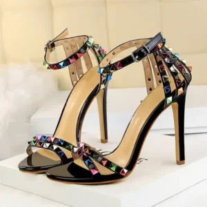 Antolim Fashion Women Sexy 11cm High Heels Rivets Studded Sandals Ankle Buckle Strap Stiletto Shoes