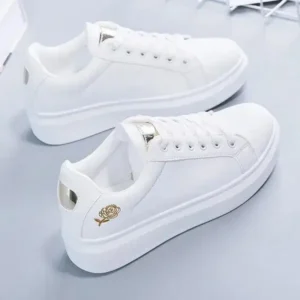 Antolim Women Casual Fashion Rose Embroidery Thick-Soled Comfortable PU Leather White Sneakers