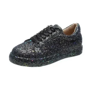 Antolim Women Creative Casual Sequined Solid Color Lace-Up Low-Top Flat Sneakers