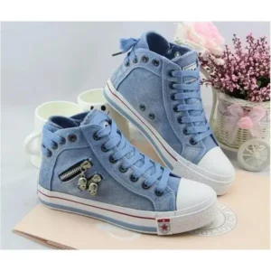 Antolim Women Casual Spring Zipper Decor Lace-Up High Top Denim Canvas Sneakers