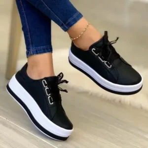 Antolim Women Casual Round Toe Lace-Up Block Color Platform Shoes PU Sneakers