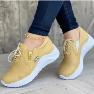 Antolim Women Casual Round Toe Low Cut Lace-Up PU Side Zipper Design Solid Color Sneakers