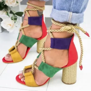 Antolim Women Fashion Sexy Cross Hollow Lace Up Design Color Blocking High Heel Sandals Shoes