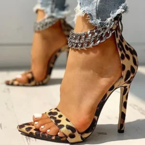 Antolim Women Sexy Metal Chain Buckle Ankle Strap Animal Printed High Heels