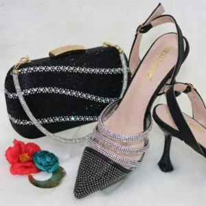 Antolim Women Classic Black Pointed Shoes Transparent Pvc Rhinestone Chain Square Hand Bag Set