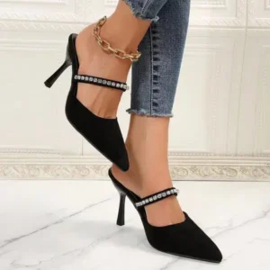 Antolim Summer Women Fashion Plus Size Elegant Pointed Toe Strap Rhinestone Stiletto Heel Slippers