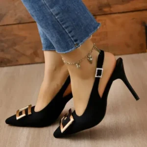 Antolim Summer Women Fashion Casual Plus Size Solid Color Pointed Toe Metal Buckle Sling Back High Heel Sandals