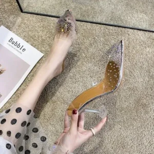 Antolim Women Fashion Sexy Rhinestone Decorative Pointed Toe Transparent High Heel Sandals