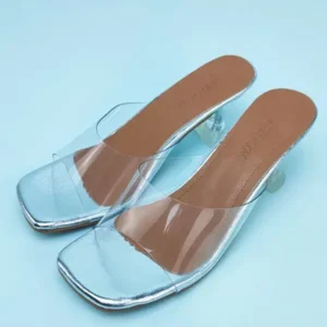 Antolim Women Fashion Casual Square Toe Transparent Design Mid Heel Slippers