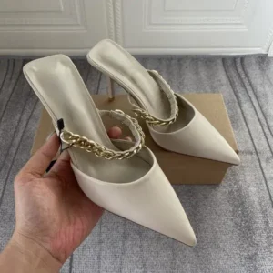 Antolim Women Sexy Chain Design Pointed Toe Solid Stiletto Mules