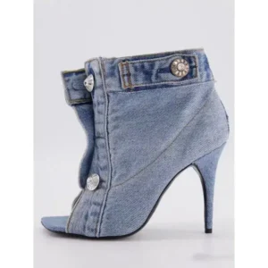 Antolim Women Fashion High Heel Denim Button High Top Boots