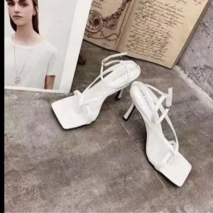 Antolim Women Fashion Sexy PU Solid Color Square Toe Stiletto Heel Ankle Strap Buckle Thong Sandals