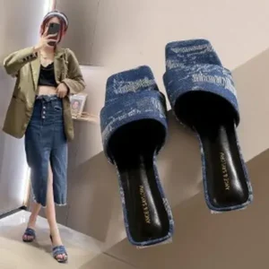 Antolim Women Fashion Casual PU Denim Square Toe Chunky Heel Slippers