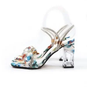 Antolim Women Fashion Sexy PU Rhinestone Floral Printed Square Toe Chunky Heel ?Sandals