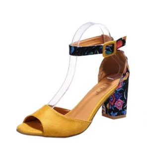 Antolim Women Fashion Sexy PU Floral Printed Peep Toe Chunky Heel Ankle Strap Buckle Sandals