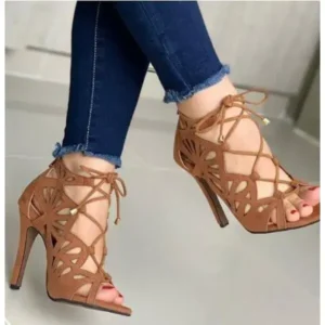 Antolim Women Fashion Sexy Solid Color Hollow Peep Toe Stiletto Heel Bandage Sandals