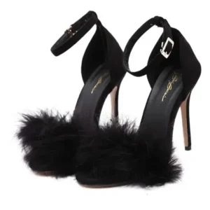 Antolim Women Fashion Sexy PU Solid Color Feather Peep Toe Stiletto Heel Ankle Strap Buckle Sandals