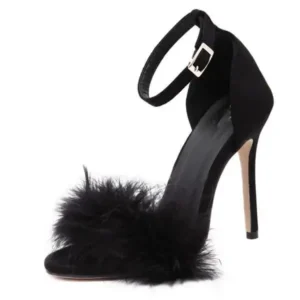 Antolim Women Fashion Sexy Solid Color Feather Peep Toe Stiletto Heel Ankle Strap Buckle Sandals