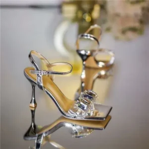 Antolim Women Fashion Sexy PU Rhinestone Square Toe Ankle Strap Buckle Stiletto Heel Sandals