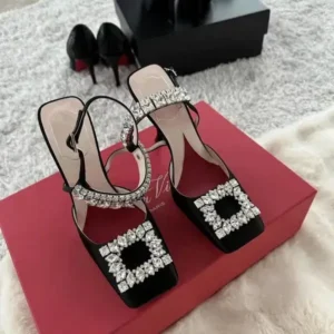 Antolim Women Fashion Elegant PU Square Toe Rhinestone Stiletto Heel Ankle Strap Buckle Sandals