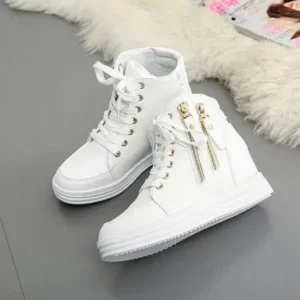 Antolim Women Fashion Solid Color Side Zipper Lace-Up Round Head Thick-Soled Sneakers