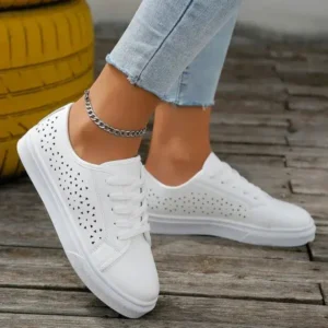 Antolim Women Fashion Solid Color Plus Size Hollow Lace-Up Round-Toe Sneakers