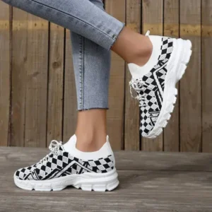 Antolim Summer Women Fashion Casual Geometric Print Fly-Woven Lace-Up Sneakers