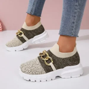 Antolim Women Fashion Color Block Metal Chain Thick-Soled Breathable Fly-Woven Sneakers