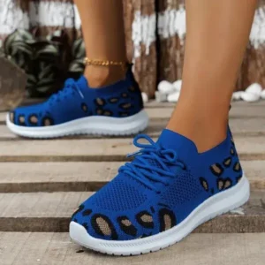 Antolim Women Fashion Casual Leopard Print Round Toe Fly-Woven Stretch Sneakers