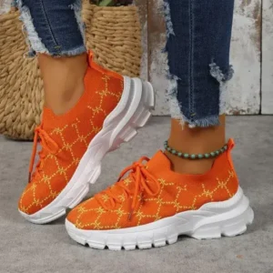 Antolim Women Fashion Plus Size Casual Flying Woven Lace-Up Round Toe Sneakers