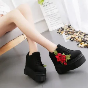 Antolim Women Fashion Casual PU Floral Printed Thick-Soled Lace-Up Canvas Sneakers