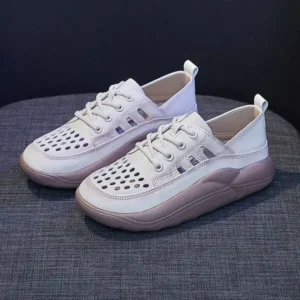 Antolim Women Fashion Casual Solid Color PU Lace-Up Hollow Breathable Sneakers