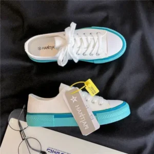 Antolim Women Fashion Cream Blue Canvas Lace-Up Sneakers