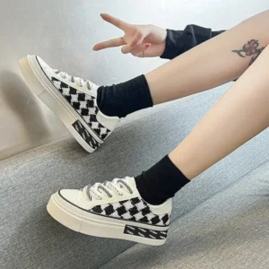 Antolim Women Fashion Platform Checkerboard Canvas Sneakers