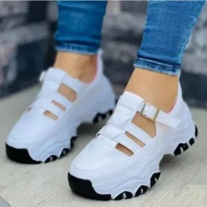 Antolim Women'S Casual Fashion Round Toe Mesh Solid Color Thick Sole Stitching Suede Hollow Platform Sneakers