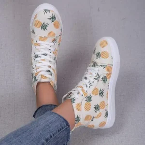 Antolim Women Fashion Round Toe Lace-Up Pineapple Strawberry Flat Sneakers