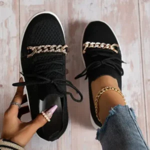 Antolim Women Fashion Round Toe Rhinestone Metal Decoration Lace-Up Mesh Sneakers