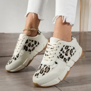 Antolim Women Fashion Round Toe Stitching Lace Up Low Top Leopard Sports Sneakers